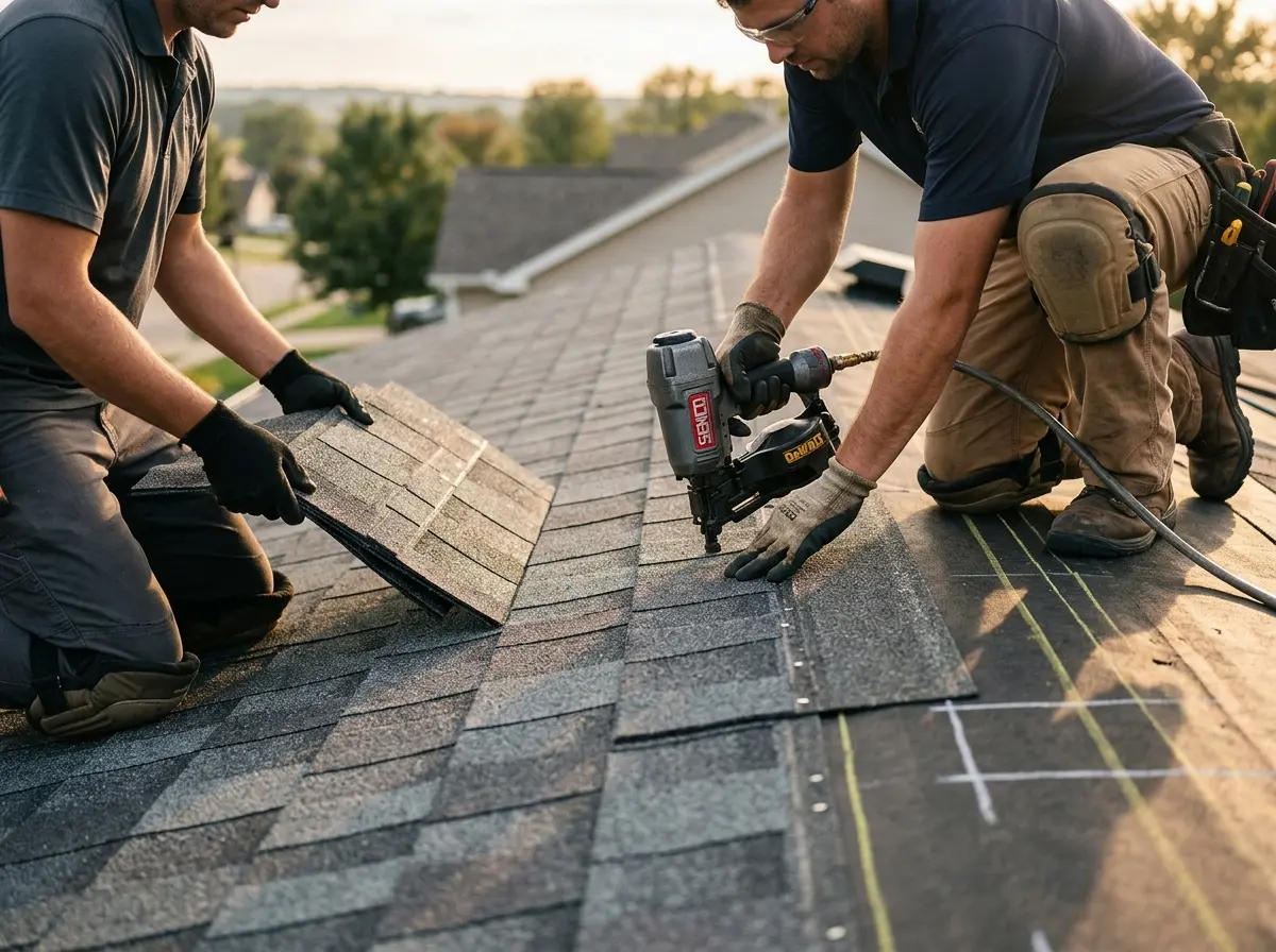 Professional roofer working on a residential roof in Edgartown